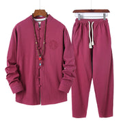 Foviel 2Pcs Solid Color Men's Frog-Button Long Sleeve Cotton Shirt Pants Set With Pockets