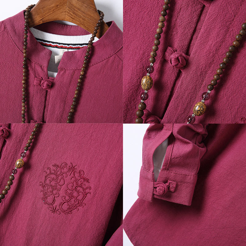 Buddha Stones 2Pcs Solid Color Men's Frog-Button Long Sleeve Cotton Shirt Pants Set With Pockets - image 33