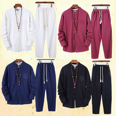 Buddha Stones 2Pcs Solid Color Men's Frog-Button Long Sleeve Cotton Shirt Pants Set With Pockets - image 44