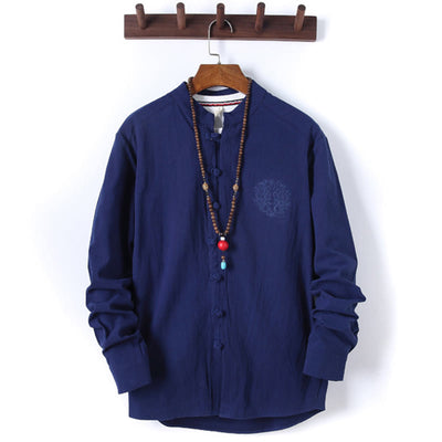 Buddha Stones 2Pcs Solid Color Men's Frog-Button Long Sleeve Cotton Shirt Pants Set With Pockets - image 20