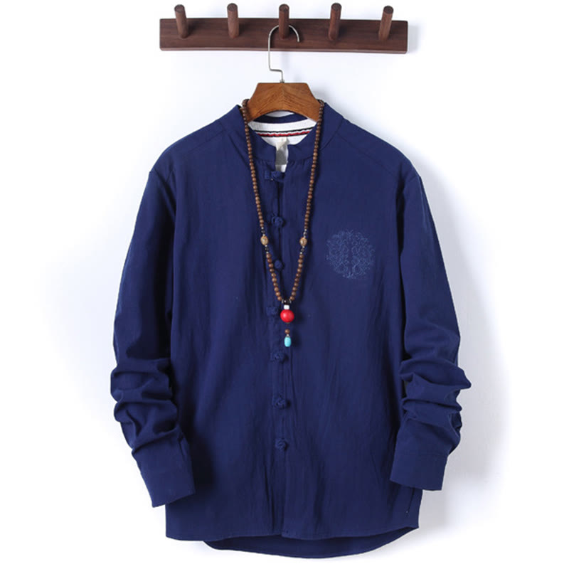 Buddha Stones 2Pcs Solid Color Men's Frog-Button Long Sleeve Cotton Shirt Pants Set With Pockets - image 20