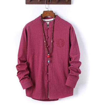Buddha Stones 2Pcs Solid Color Men's Frog-Button Long Sleeve Cotton Shirt Pants Set With Pockets - image 31