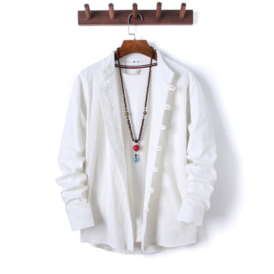 Buddha Stones 2Pcs Solid Color Men's Frog-Button Long Sleeve Cotton Shirt Pants Set With Pockets - image 10