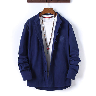 Buddha Stones 2Pcs Solid Color Men's Frog-Button Long Sleeve Cotton Shirt Pants Set With Pockets - image 21