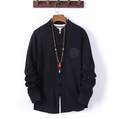 Buddha Stones 2Pcs Solid Color Men's Frog-Button Long Sleeve Cotton Shirt Pants Set With Pockets - image 1