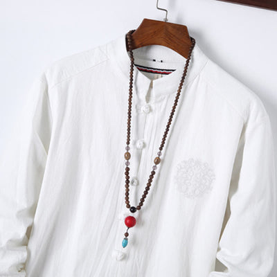 Buddha Stones 2Pcs Solid Color Men's Frog-Button Long Sleeve Cotton Shirt Pants Set With Pockets - image 13