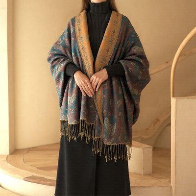 Buddha Stones Spring Floral Paisley Pattern Scarf Shawl With Tassels - Teal - 195*70cm - image 0