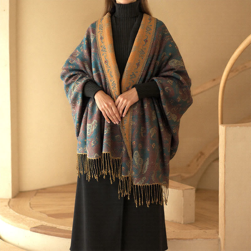 Buddha Stones Spring Floral Paisley Pattern Scarf Shawl With Tassels - Teal - 195*70cm - image 0