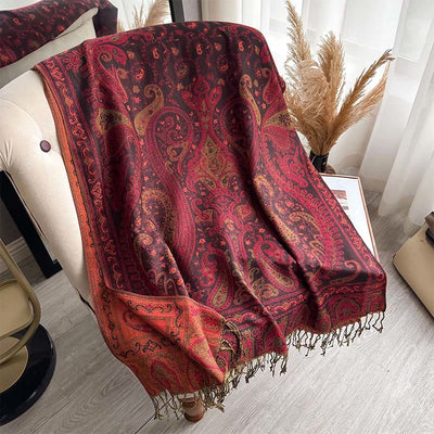 Buddha Stones Spring Floral Paisley Pattern Scarf Shawl With Tassels - DarkRed - 195*70cm - image 4