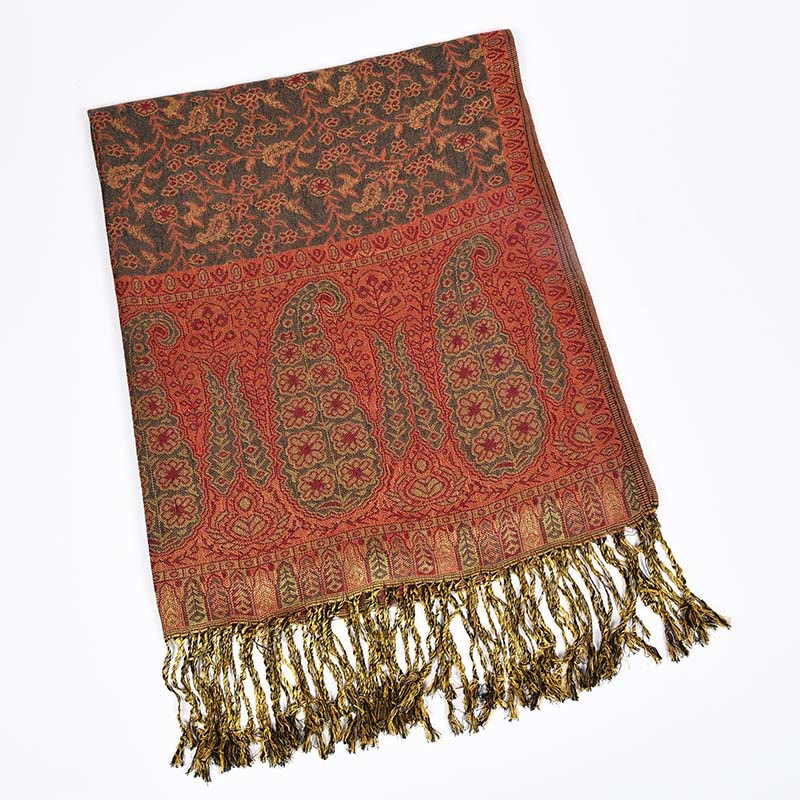 Buddha Stones Jacquard Color Contrast Patchwork Paisley Pattern Tassel Cozy Scarf Shawl - FireBrick - image 8
