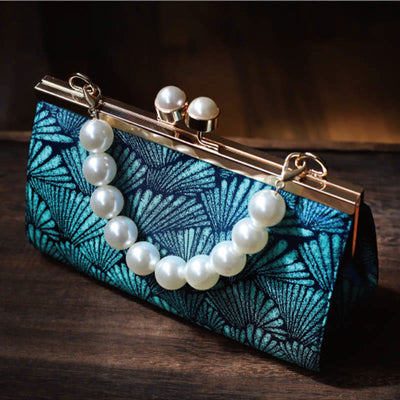 Buddha Stones Vintage Peacock Blue Leaf Pattern Pearl Metal Handbag Handbags BS 3