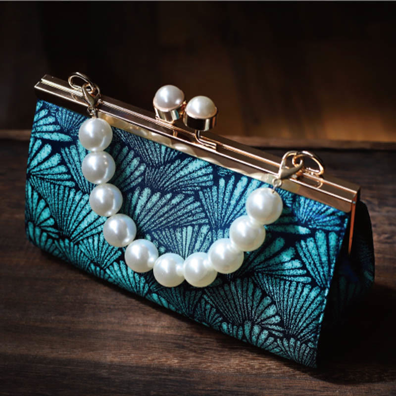 Buddha Stones Vintage Peacock Blue Leaf Pattern Pearl Metal Handbag Handbags BS 3