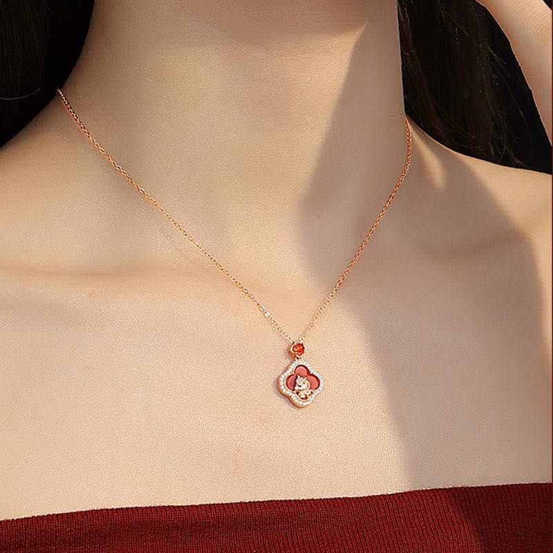 Buddha Stones 925 Sterling Silver Year Of The Horse Four Leaf Clover Red Agate Calm Necklace Pendant - image 5
