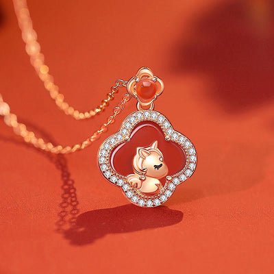 Buddha Stones 925 Sterling Silver Year Of The Horse Four Leaf Clover Red Agate Calm Necklace Pendant - image 1