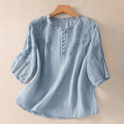 Foviel Casual Plain Button Floral Embroidered Design Puff Half Sleeve Women's Shirt