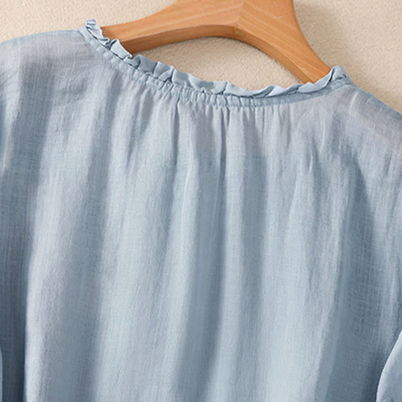 Buddha Stones Casual Plain Button Floral Embroidered Design Puff Half Sleeve Women's Shirt - image 4