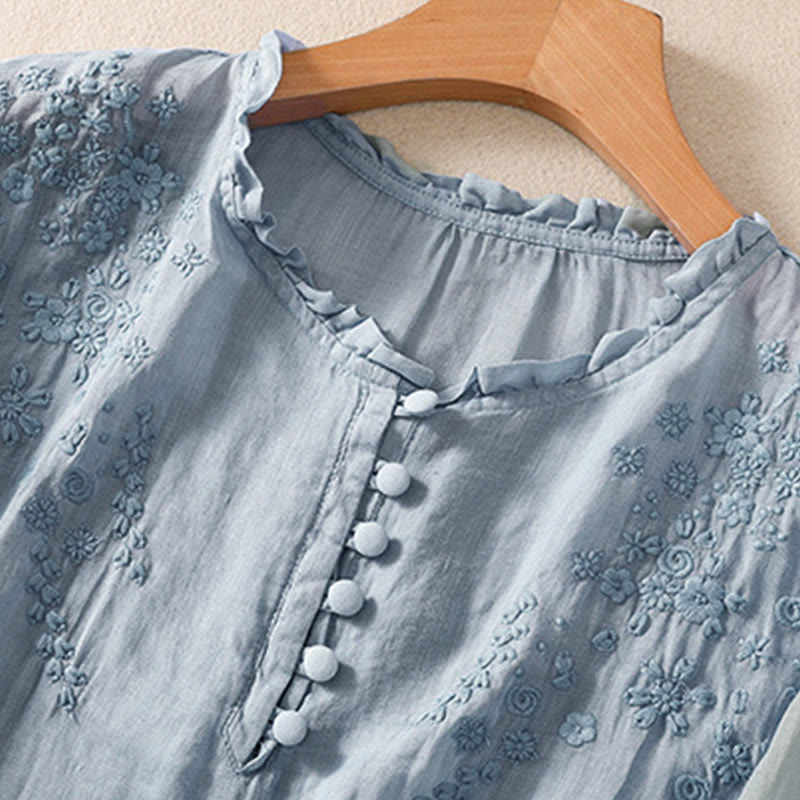 Buddha Stones Casual Plain Button Floral Embroidered Design Puff Half Sleeve Women's Shirt - image 5