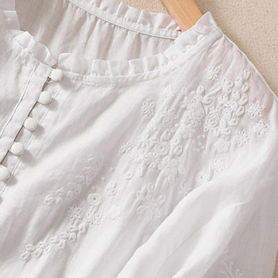 Buddha Stones Casual Plain Button Floral Embroidered Design Puff Half Sleeve Women's Shirt - image 10