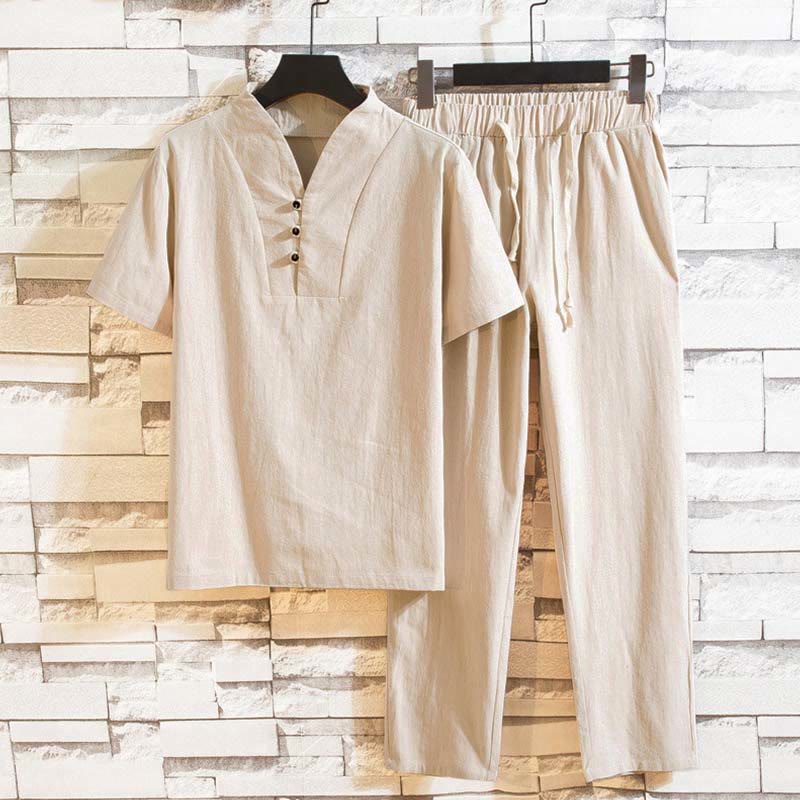 Buddha Stones 2Pcs Solid Color Cotton Button Short Sleeve T-shirt Pants Men's Set - AntiqueWhite - US/UK/AU44，EU54 (5XL) - image 11