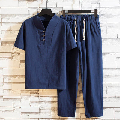 Buddha Stones 2Pcs Solid Color Cotton Button Short Sleeve T-shirt Pants Men's Set - SteelBlue - US/UK/AU44，EU54 (5XL) - image 12