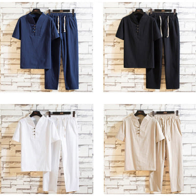 Buddha Stones 2Pcs Solid Color Cotton Button Short Sleeve T-shirt Pants Men's Set - image 13