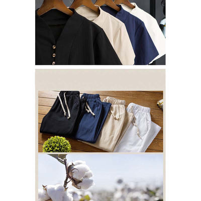 Buddha Stones 2Pcs Solid Color Cotton Button Short Sleeve T-shirt Pants Men's Set - image 14