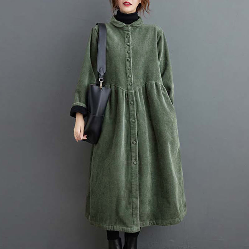 Buddha Stones Plain Buttons Long Sleeve Women's Corduroy Fleece-Lined Coat With Pockets - image 10