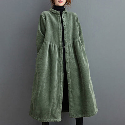 Buddha Stones Plain Buttons Long Sleeve Women's Corduroy Fleece-Lined Coat With Pockets - image 14