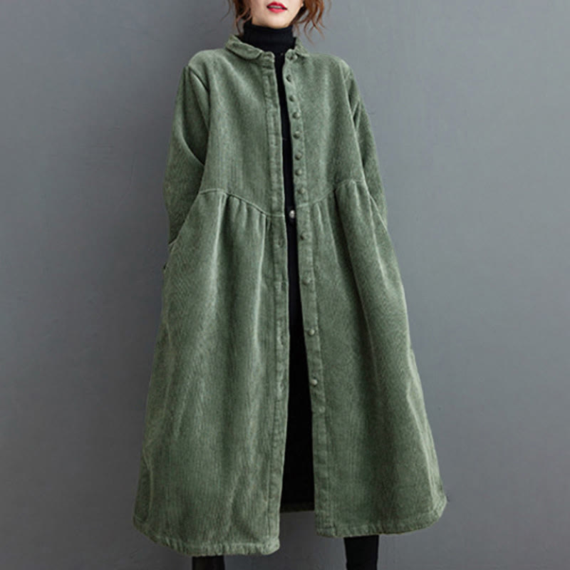 Buddha Stones Plain Buttons Long Sleeve Women's Corduroy Fleece-Lined Coat With Pockets - image 14