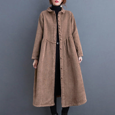 Buddha Stones Plain Buttons Long Sleeve Women's Corduroy Fleece-Lined Coat With Pockets - image 26