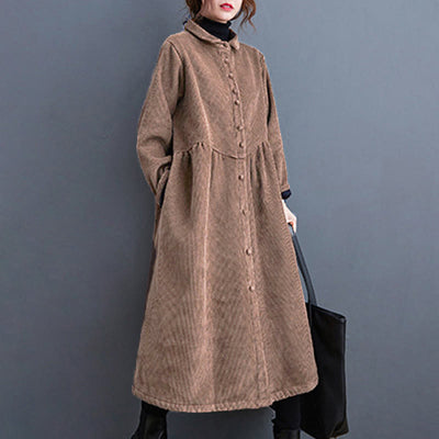 Buddha Stones Plain Buttons Long Sleeve Women's Corduroy Fleece-Lined Coat With Pockets - image 24