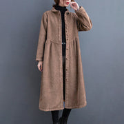 Foviel Einfarbige Knöpfe Lange Ärmel Damen Cord Fleece-Lined Mantel mit Taschen