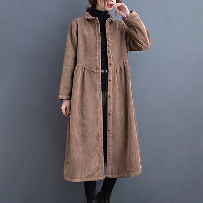 Buddha Stones Plain Buttons Long Sleeve Women's Corduroy Fleece-Lined Coat With Pockets - SaddleBrown - US8-10，UK/AU12-14，EU40-42 (2XL) - image 23