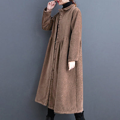 Buddha Stones Plain Buttons Long Sleeve Women's Corduroy Fleece-Lined Coat With Pockets - image 25
