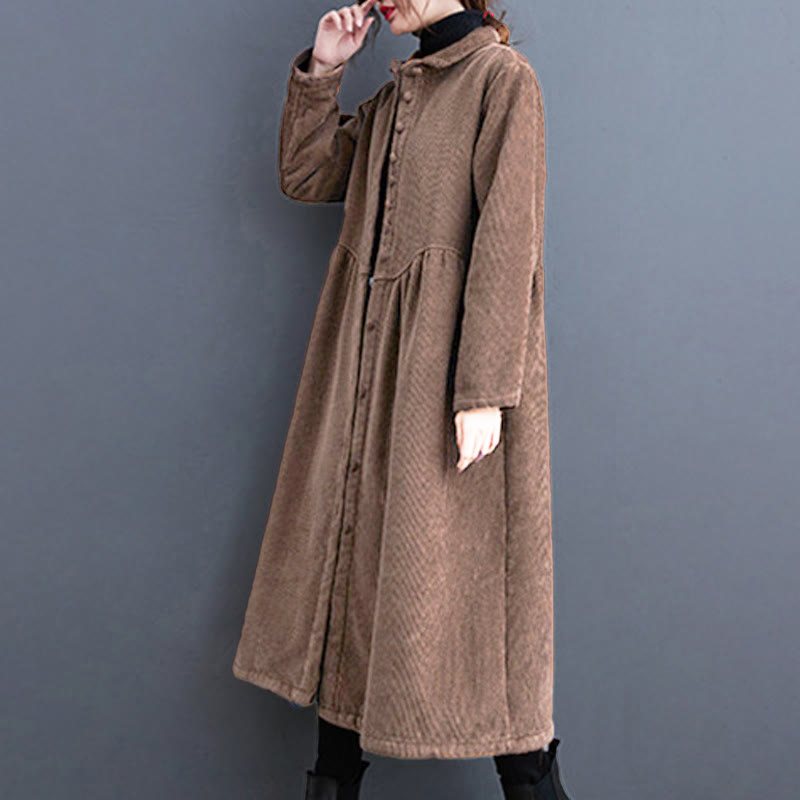 Buddha Stones Plain Buttons Long Sleeve Women's Corduroy Fleece-Lined Coat With Pockets - image 25