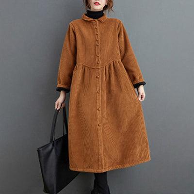 Buddha Stones Plain Buttons Long Sleeve Women's Corduroy Fleece-Lined Coat With Pockets - image 17