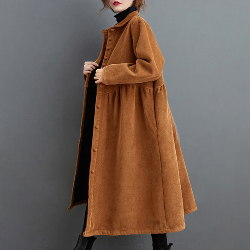 Buddha Stones Plain Buttons Long Sleeve Women's Corduroy Fleece-Lined Coat With Pockets - image 20