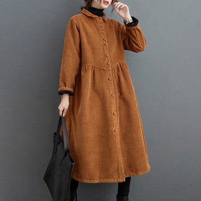 Buddha Stones Plain Buttons Long Sleeve Women's Corduroy Fleece-Lined Coat With Pockets - image 19