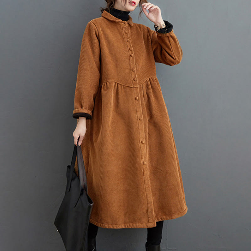 Buddha Stones Plain Buttons Long Sleeve Women's Corduroy Fleece-Lined Coat With Pockets - image 19