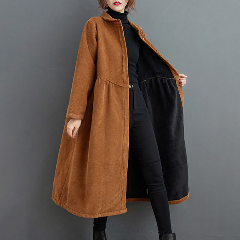 Buddha Stones Plain Buttons Long Sleeve Women's Corduroy Fleece-Lined Coat With Pockets - image 21