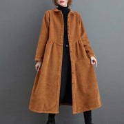 Foviel Einfarbige Knöpfe Lange Ärmel Damen Cord Fleece-Lined Mantel mit Taschen