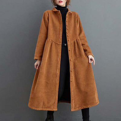 Buddha Stones Plain Buttons Long Sleeve Women's Corduroy Fleece-Lined Coat With Pockets - Peru - US8-10，UK/AU12-14，EU40-42 (2XL) - image 16