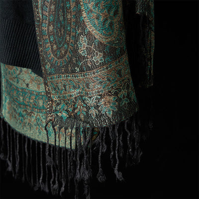 Buddha Stones Spring Green Cashew Flower Geometric Stripes Pattern Tassel Cozy Scarf Shawl - image 5