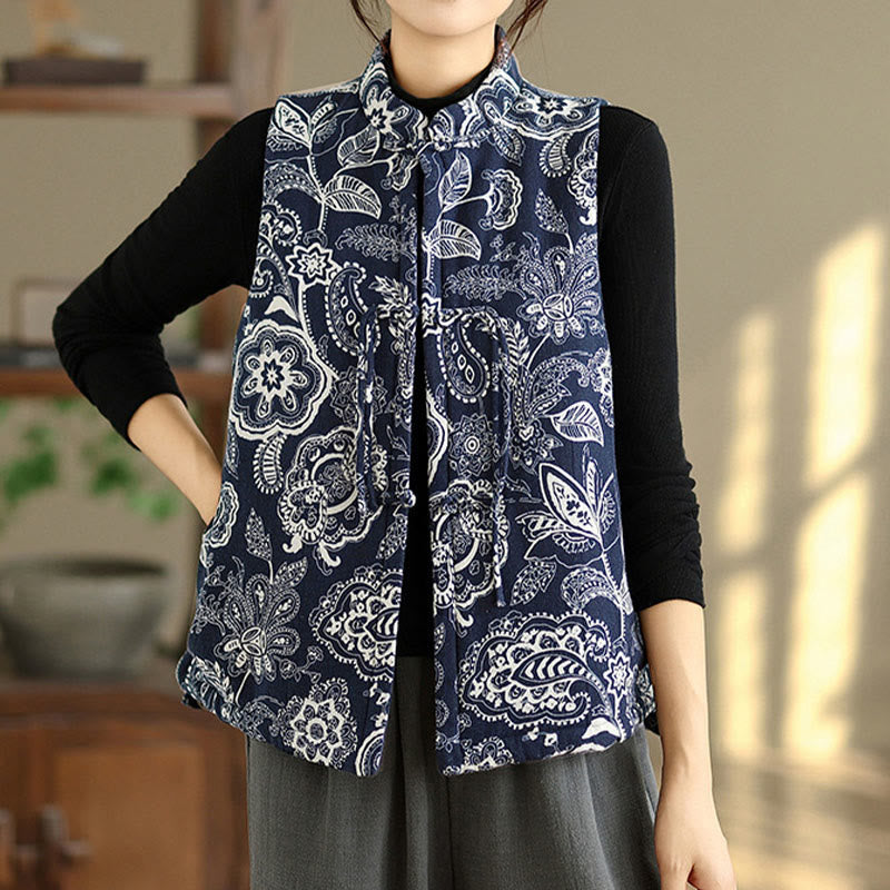 Buddha Stones Plant Pattern Frog-button Women's Sleeveless Cotton Vest Waistcoat With Pockets - image 2