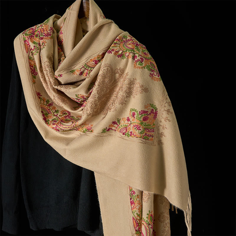 Buddha Stones Winter Colorful Vines Flowers Pattern Tassel Cozy Scarf Shawl - Beige - 185*70cm - image 6