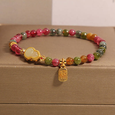 Buddha Stones Tourmaline Colorful Stone Fu Character Positive Bracelet - Tourmaline(Wrist Circumference: 15-16cm) - image 0