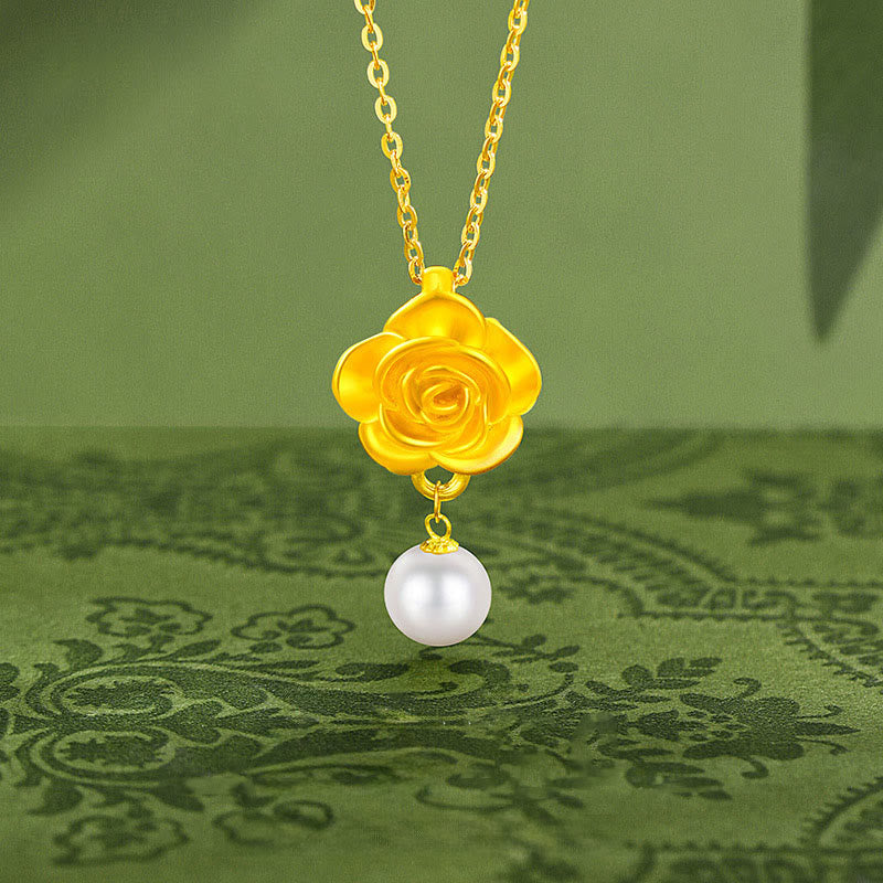 Buddha Stones 999 Sterling Silver Plated Gold Camellia Pearl Healing Necklace Pendant - image 2