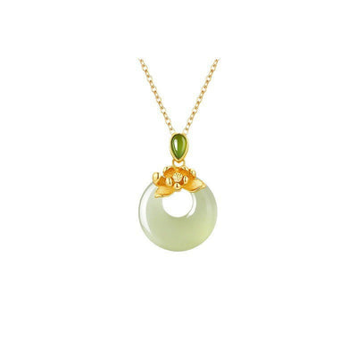 Buddha Stones 925 Sterling Silver Plated Gold Hetian Jade Lotus Luck Necklace Pendant - image 9