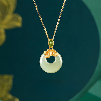 Buddha Stones 925 Sterling Silver Plated Gold Hetian Jade Lotus Luck Necklace Pendant - 925 Sterling Silver & Hetian Jade - image 0