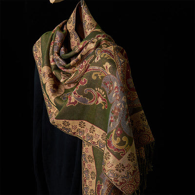 Buddha Stones Spring Cashew Flowers Circular Geometry Pattern Tassel Cozy Scarf Shawl - Olive - 176*70cm - image 0